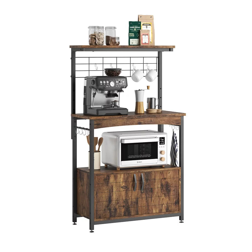3-Tier Baker's Rack with Cabinet, Kitchen Storage Shelves, Microwave Oven Stand, Coffee Bar with Hooks in Rustic G17349