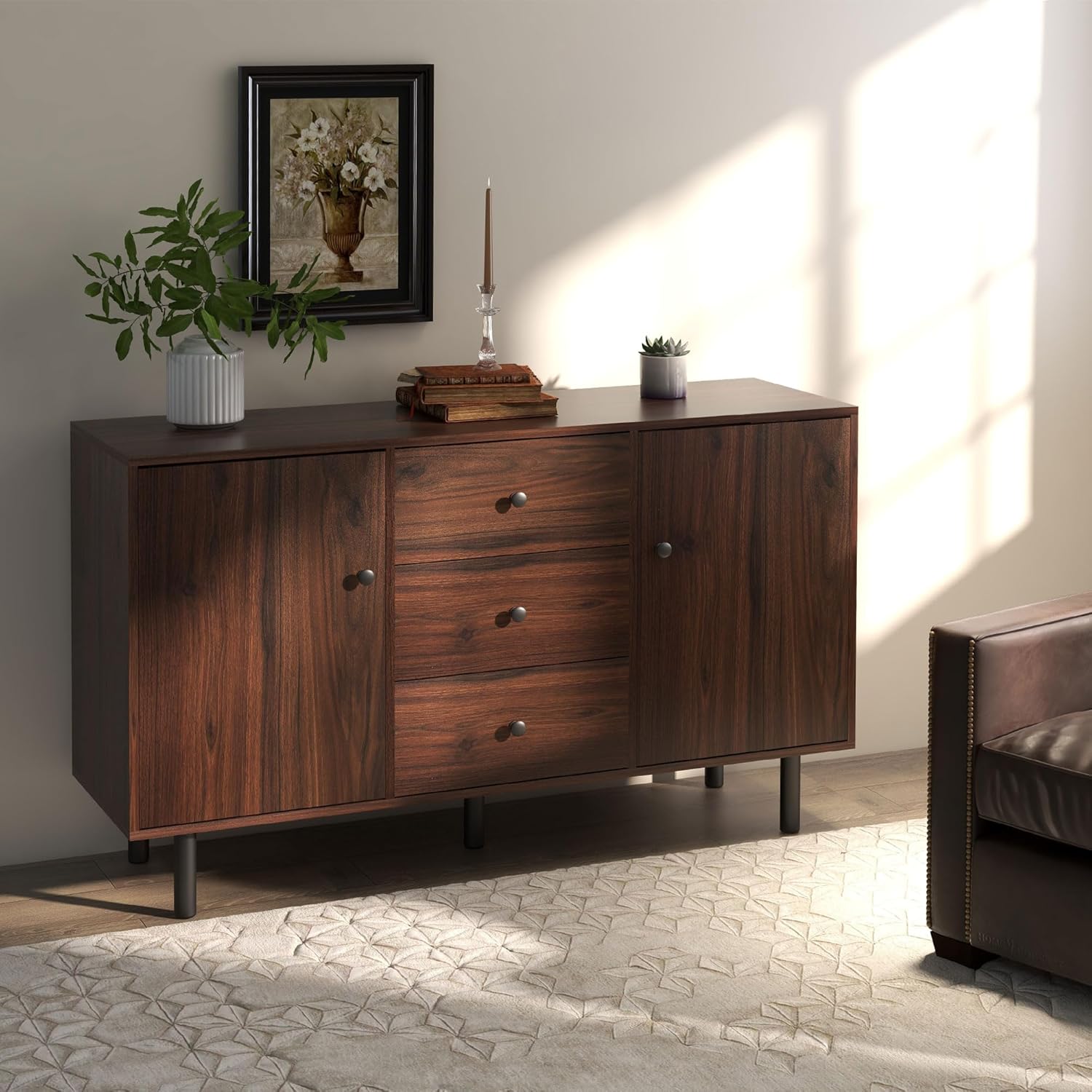 Brown Sideboard Cabinet with 2 Cupboards, 3 Drawers and Adjustable Shelves M658