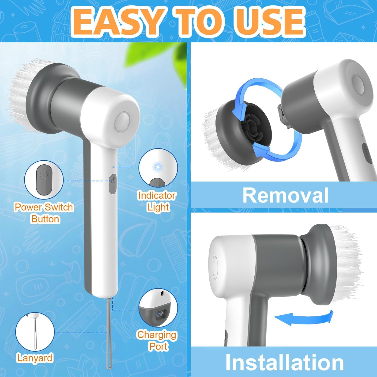 Cordless Electric Spin Scrubber with 5 Cleaning Brush Heads V658