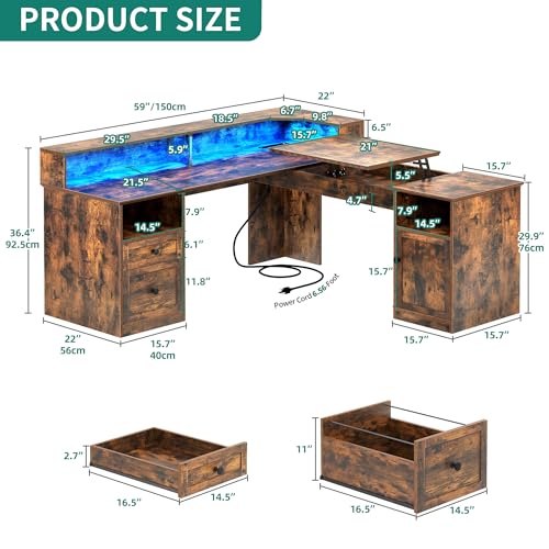 Grey L Shaped Desk with Power Outlets & LED Lights, 60" Computer Desk with Drawers & Lift Top, Height Adjustable Desk with File Cabinet I849088