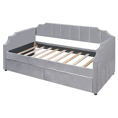 Gray Velvet Twin Daybed with 2 Drawers C399