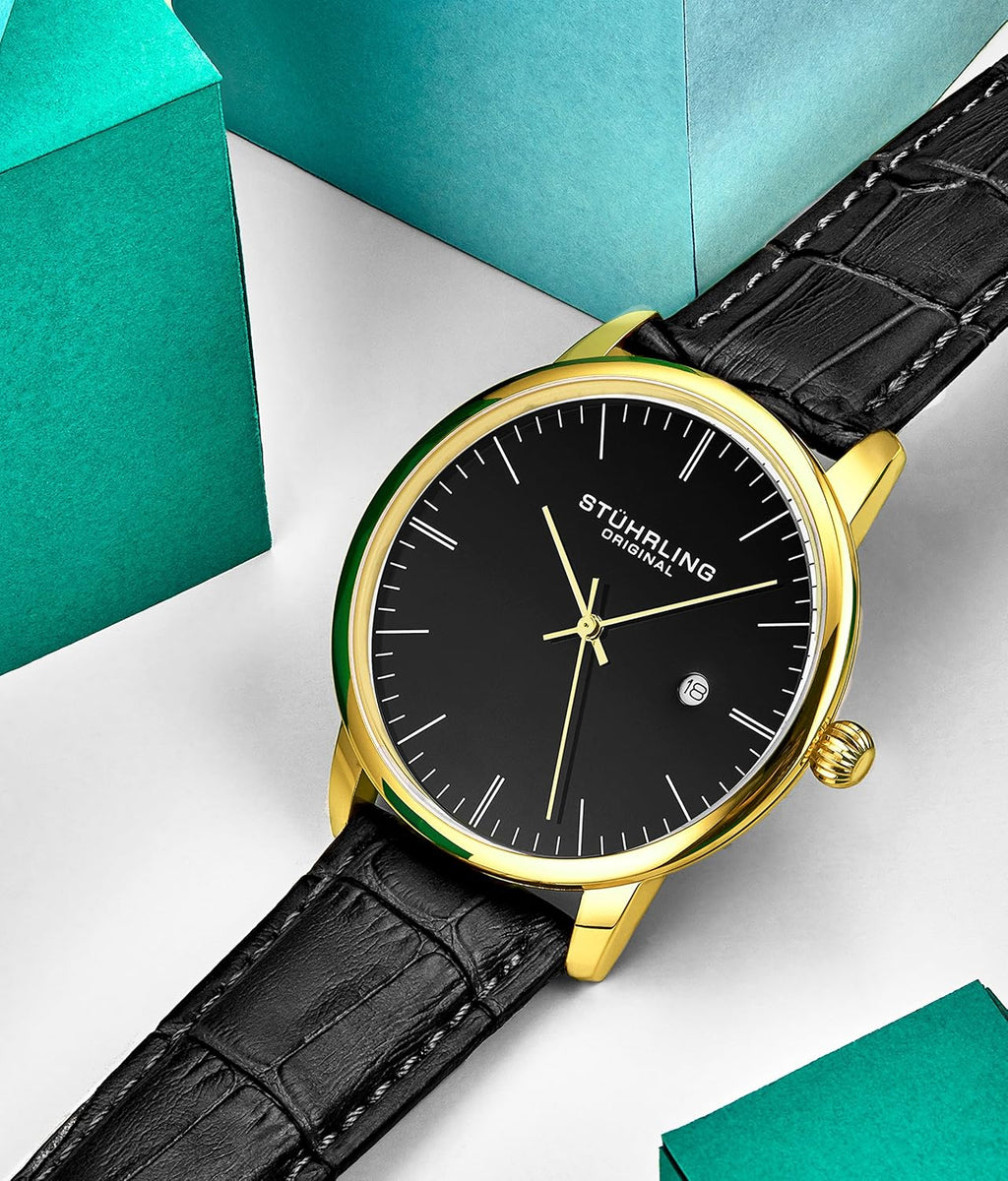 Black Gold Calfskin Leather Strap Analog Watch with Date K910840