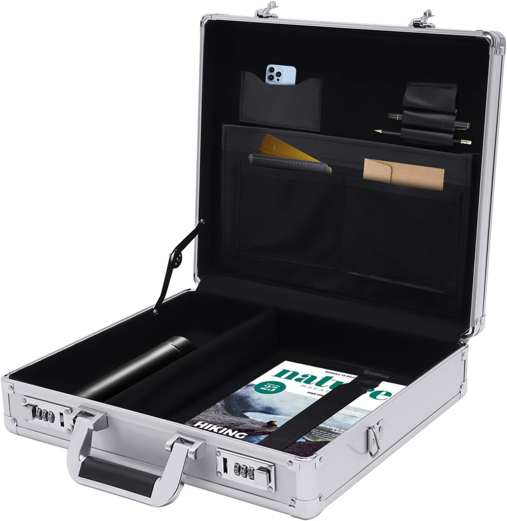 Aluminum Attache Case, 15 x 13 x 4.3 Inch Combination Lock Hard Laptop Case with Strap, Silver M22831