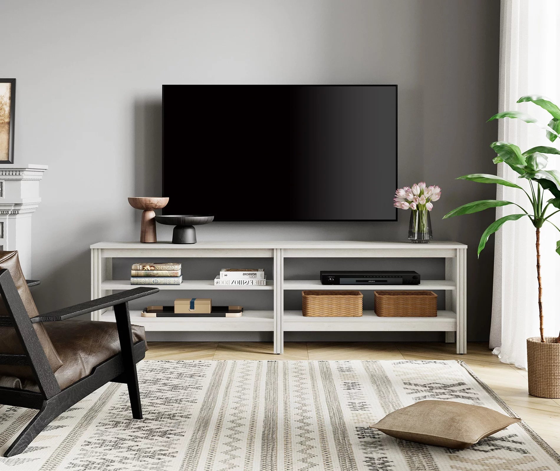 White 70 inch Wood TV Stand with 4 Cubby E876