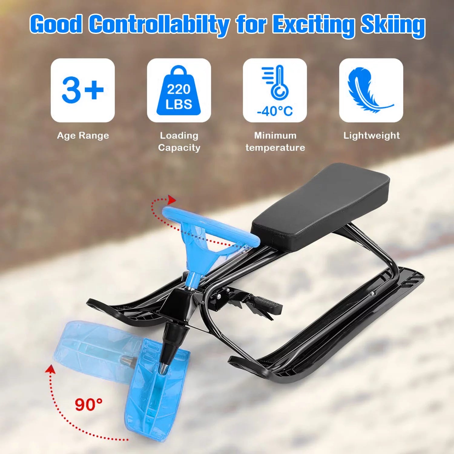 Blue Snow Racer Sled with Steering Wheel, Twin Brakes, Durable Steel Frame E51789