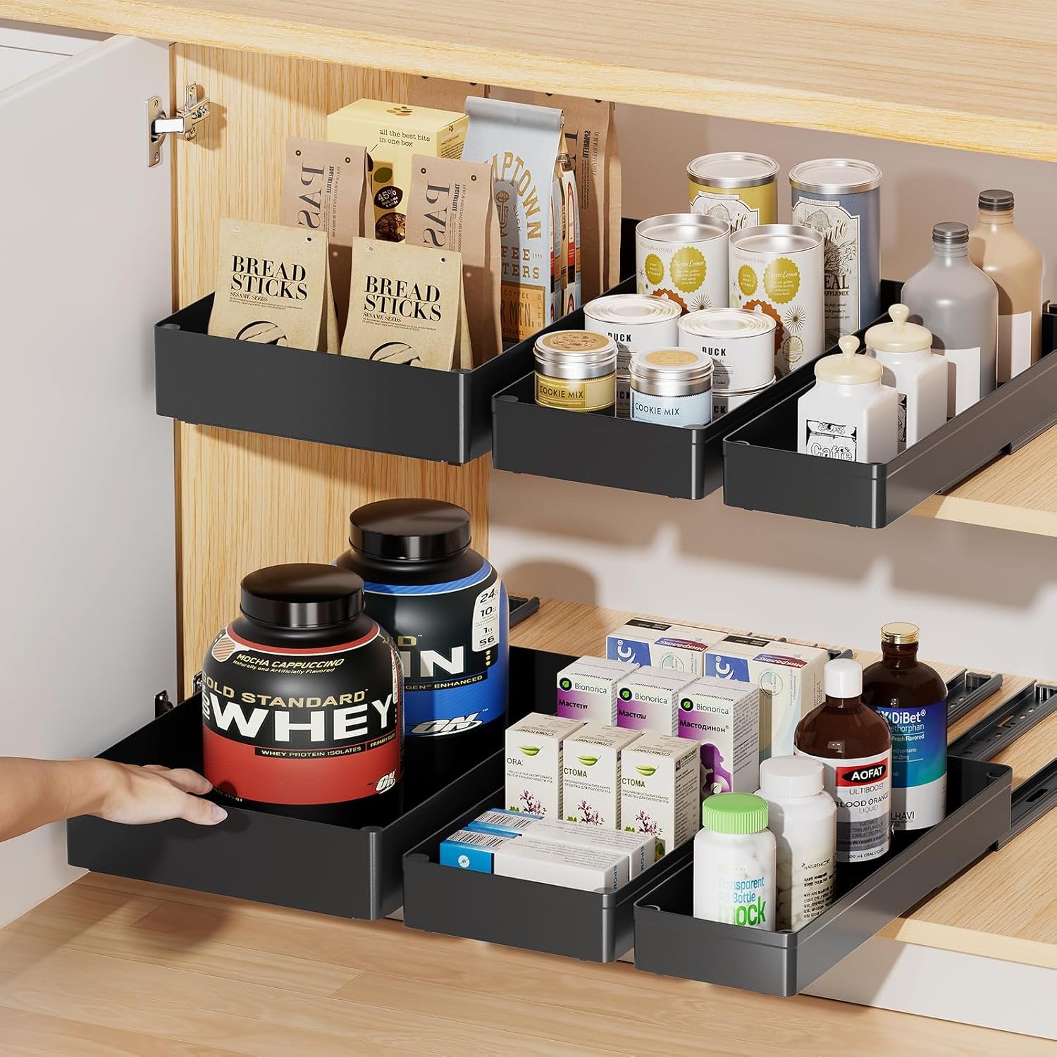 3 Pack Pull Out Cabinet Organizer, 15.7 Deep Drawers (Black) M1481