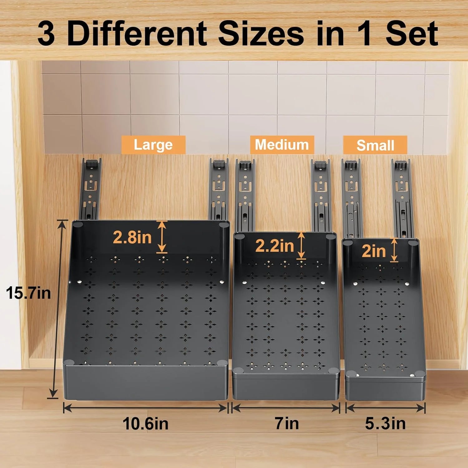 3 Pack Pull Out Cabinet Organizer, 15.7 Deep Drawers (Black) M1481