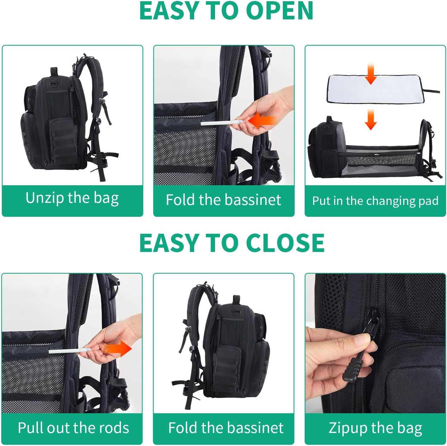 Black Expandable Military Diaper Bag Backpack with Changing Pad O4605