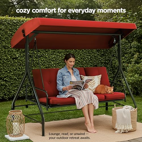 Burgundy 3-Seat Patio Outdoor Swing with Canopy Y992904