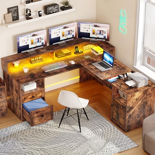 Grey L Shaped Desk with Power Outlets & LED Lights, 60" Computer Desk with Drawers & Lift Top, Height Adjustable Desk with File Cabinet I849088
