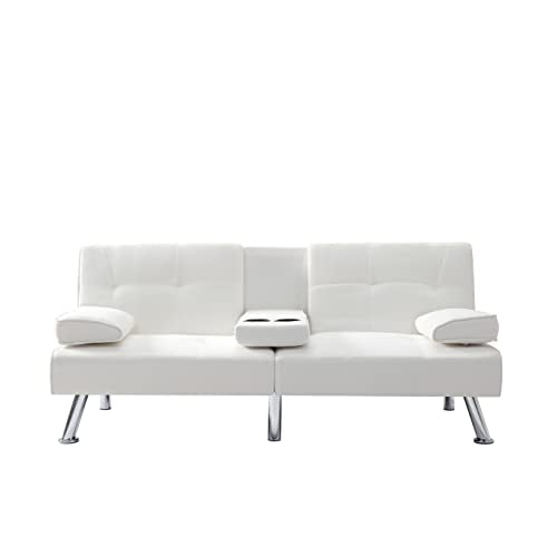 Beige Synthetic Leather Convertible Folding Sofa Bed with Metal Legs Q552