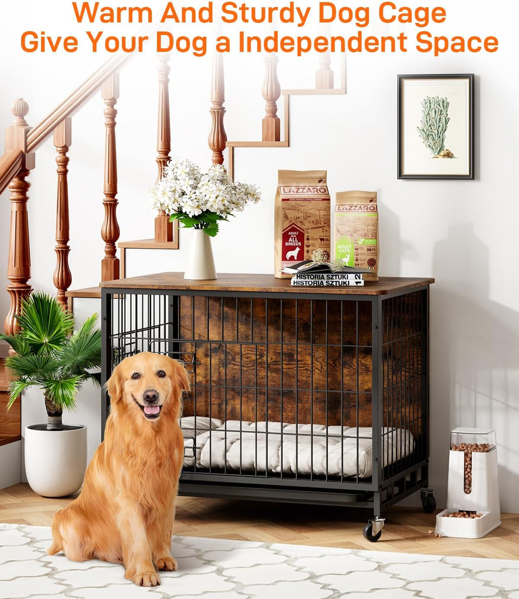 Brown Wooden Dog Crate with Removable Tray and Wheels C17239