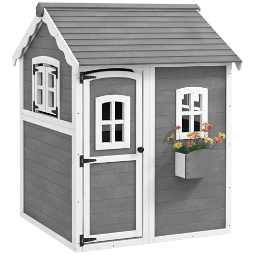 Gray Wooden Playhouse with Floor, Door, Windows & Planter Box F3061