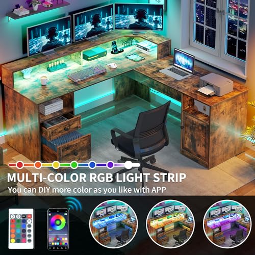 Grey L Shaped Desk with Power Outlets & LED Lights, 60" Computer Desk with Drawers & Lift Top, Height Adjustable Desk with File Cabinet I849088