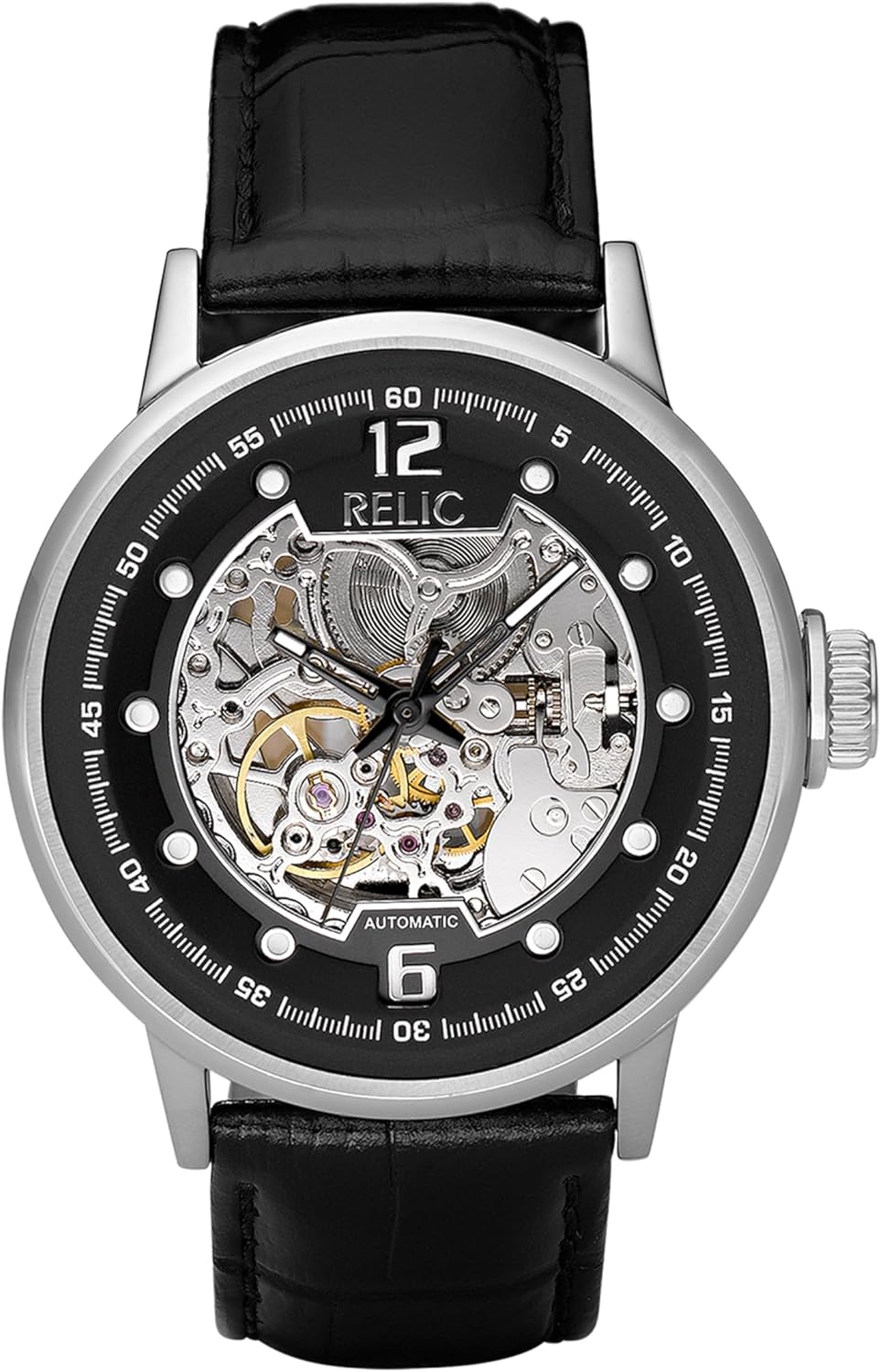 Silver Stainless Steel and Black Leather Band Automatic Watch E62894