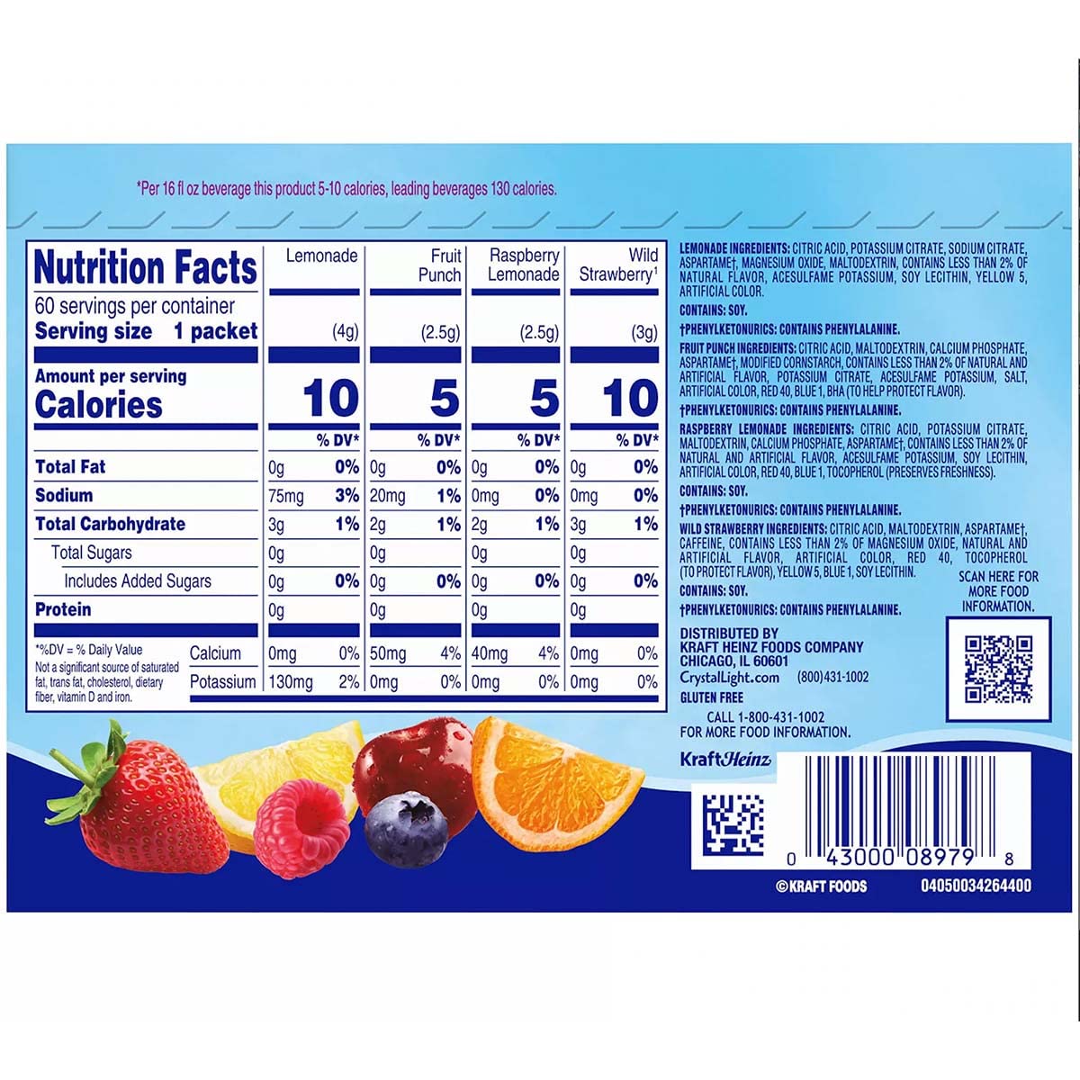 Sugar-Free Lemonade Fruit Punch Raspberry Lemonade Wild Strawberry Powdered Drink Singles Variety Pack, 60 Count R7912