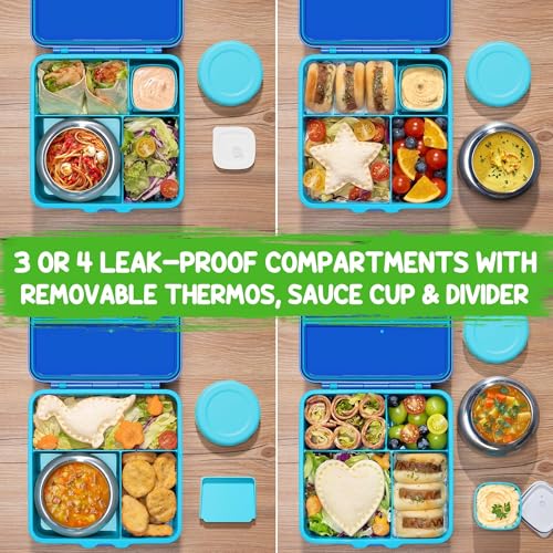 Leakproof 3-4 Compartments Lunch Bento Box Set with Insulated Thermos Food Jar, Water Bottle, Lunch Bag, Sauce Cup & Cutlery L3558