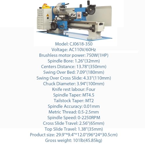 Mini Metal Lathe 750W Benchtop Precision Horizontal Lathe 0-2500rpm Variable Speed 7"*14" 110V S659904