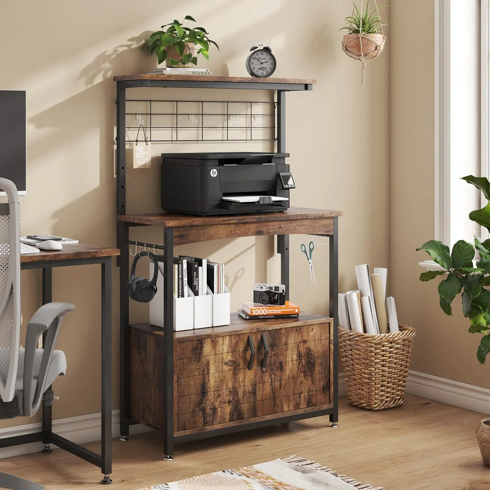 3-Tier Baker's Rack with Cabinet, Kitchen Storage Shelves, Microwave Oven Stand, Coffee Bar with Hooks in Rustic G17349