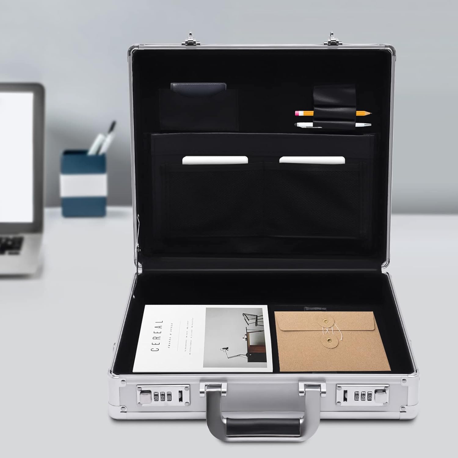 Aluminum Attache Case, 15 x 13 x 4.3 Inch Combination Lock Hard Laptop Case with Strap, Silver M22831