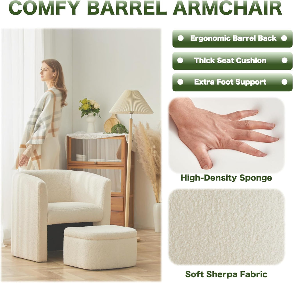 Cream Sherpa Fabric Barrel Chair with Storage Ottoman Set of 2 T3297