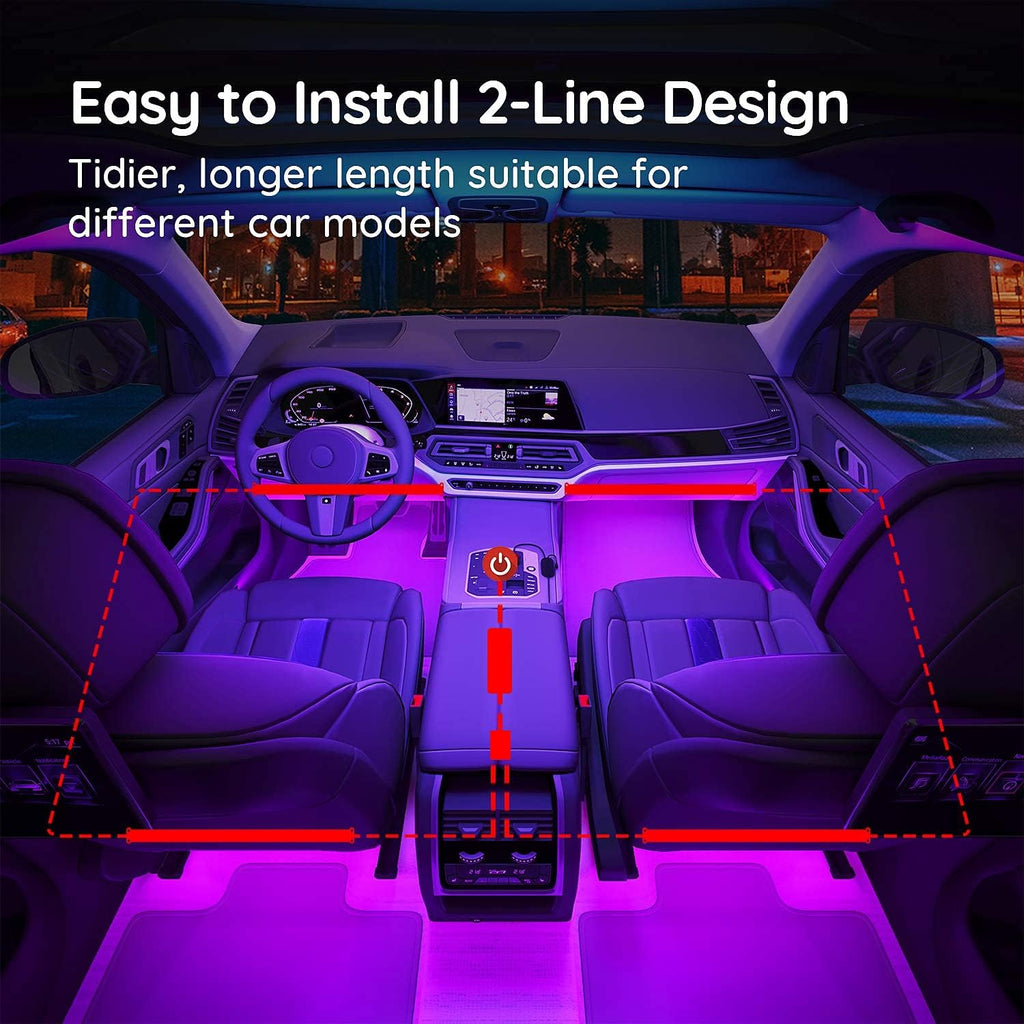 Car LED Lights with APP Control, Music Sync, 16 Million Colors, 2 Lines Design, RGB Under Dash Car Lighting with Car Charger, DC 12V A352