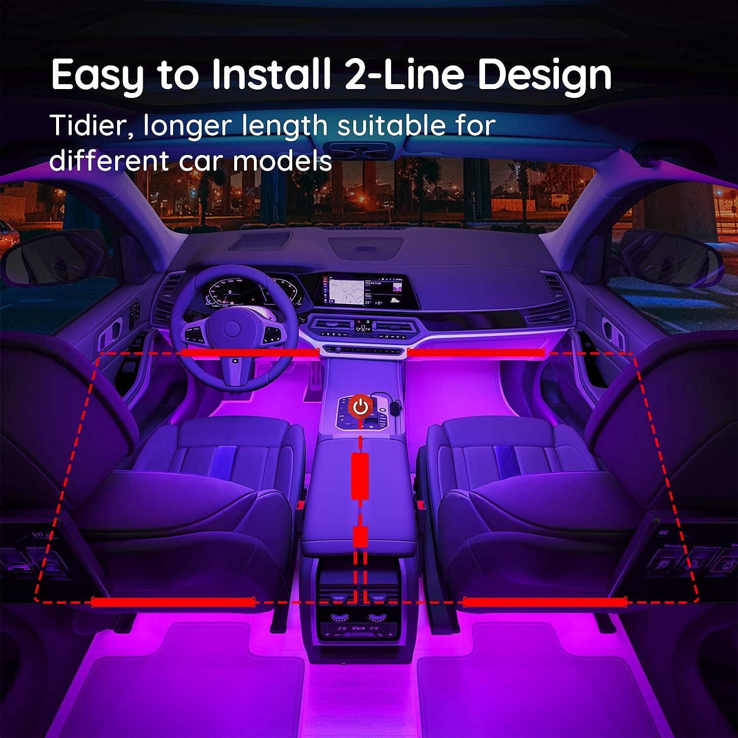 Car LED Lights with APP Control, Music Sync, 16 Million Colors, 2 Lines Design, RGB Under Dash Car Lighting with Car Charger, DC 12V A352