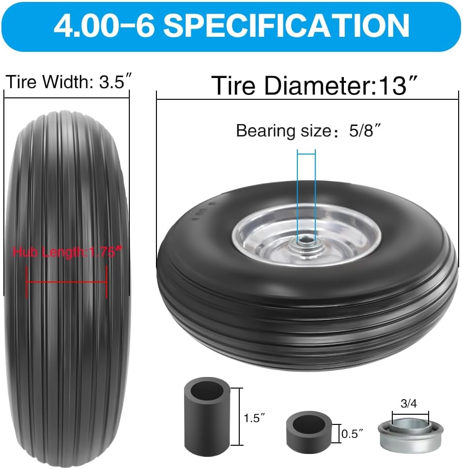 13×4.00-6” Flat-free Solid Tire and Wheel with 3/4 & 5/8 Bearing 1.75"-6" Centered Hub E366310
