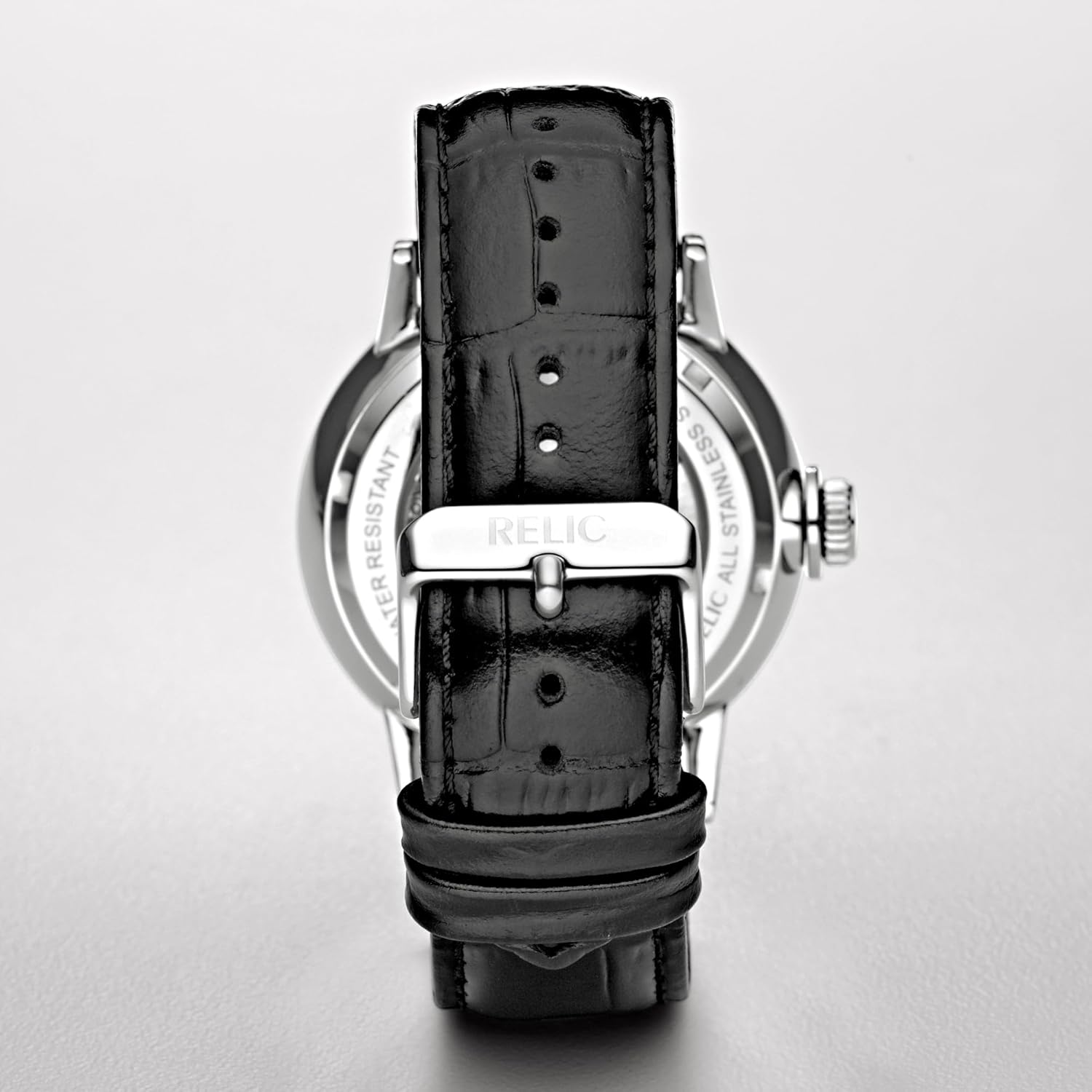 Silver Stainless Steel and Black Leather Band Automatic Watch E62894