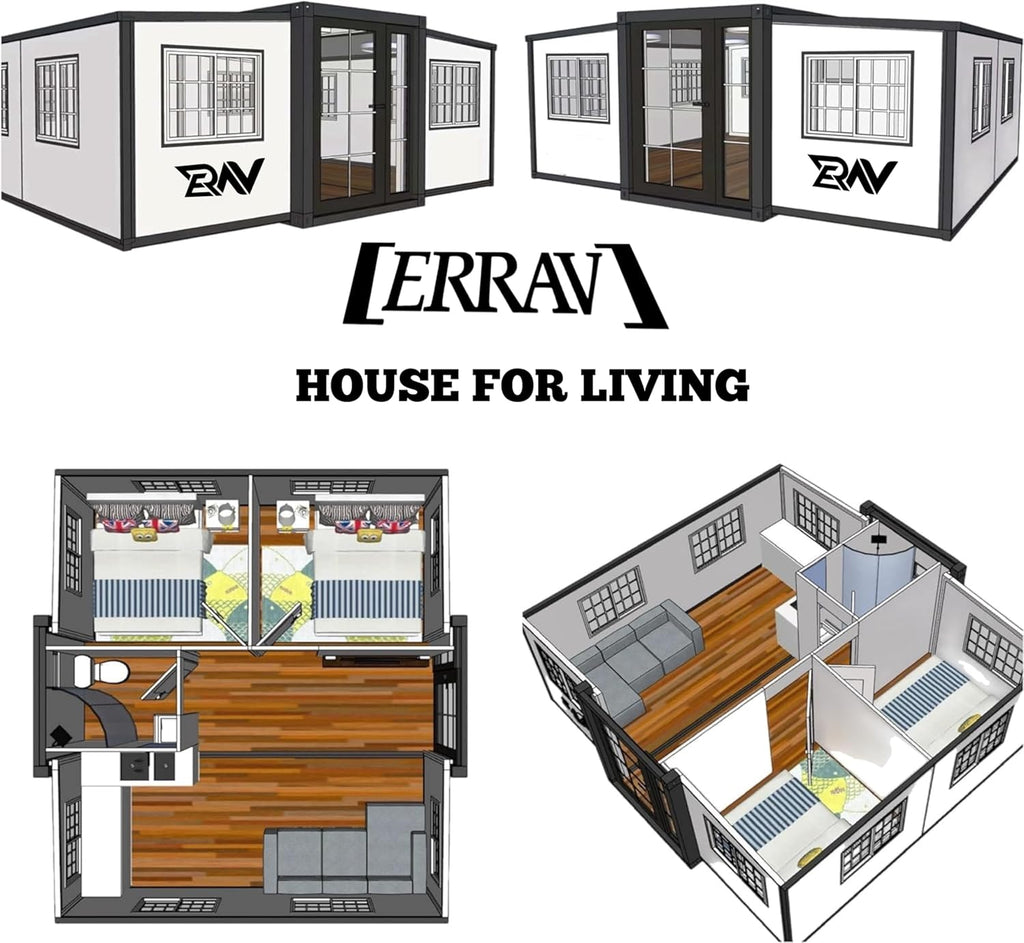 19 x 20 FT Foldable Prefab House with 1 Bathroom, 2 Rooms, and 1 Kitchen H25661