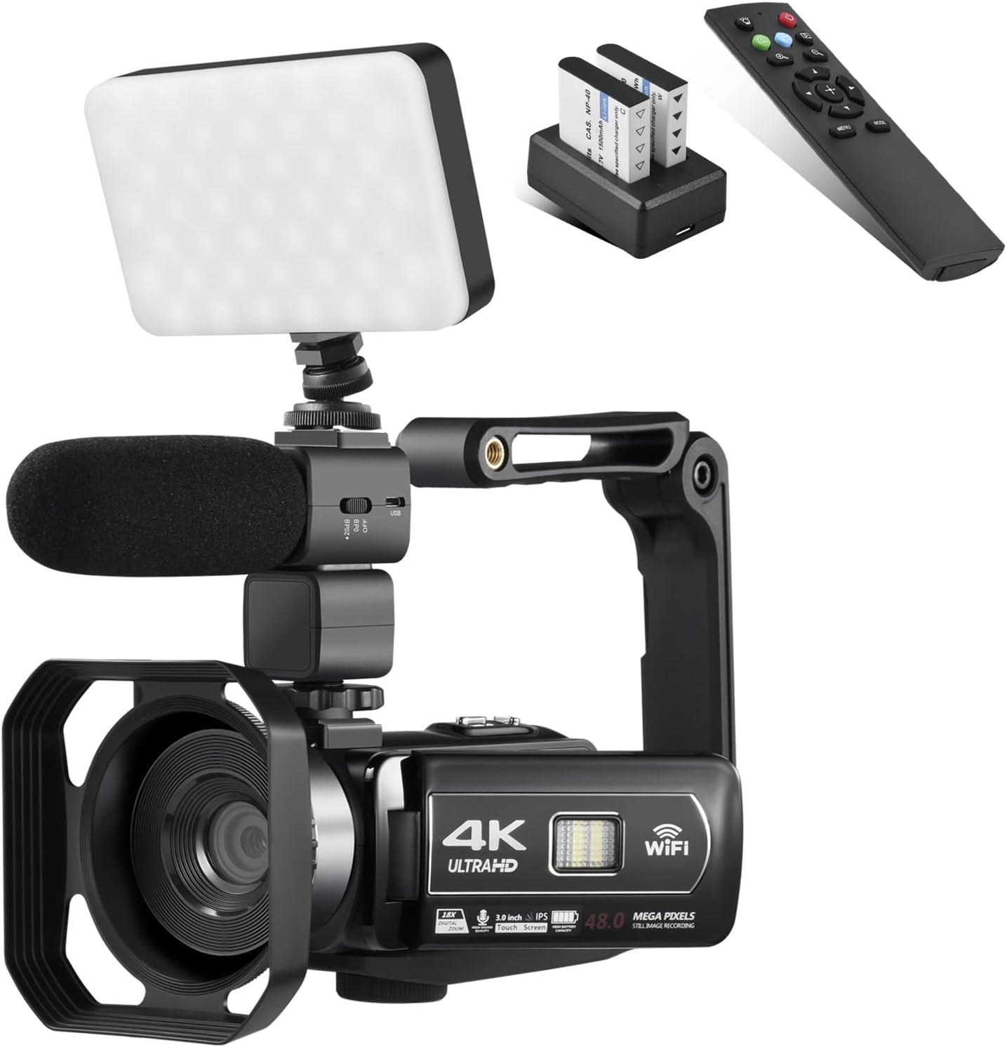 4K 48MP 3.0 Inch IPS Touch Screen Camcorder with Microphone and 2 Batteries (Black) G724213