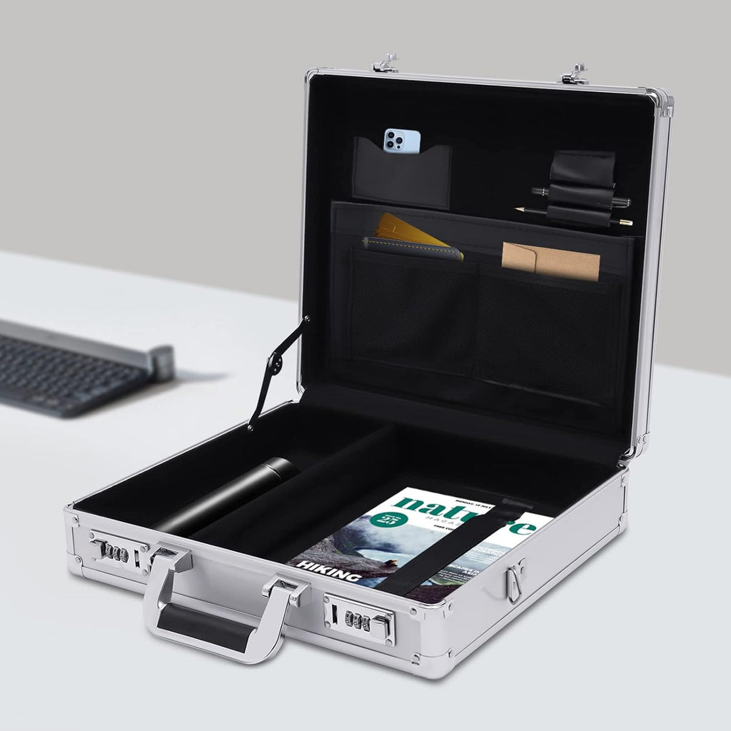 Aluminum Attache Case, 15 x 13 x 4.3 Inch Combination Lock Hard Laptop Case with Strap, Silver M22831