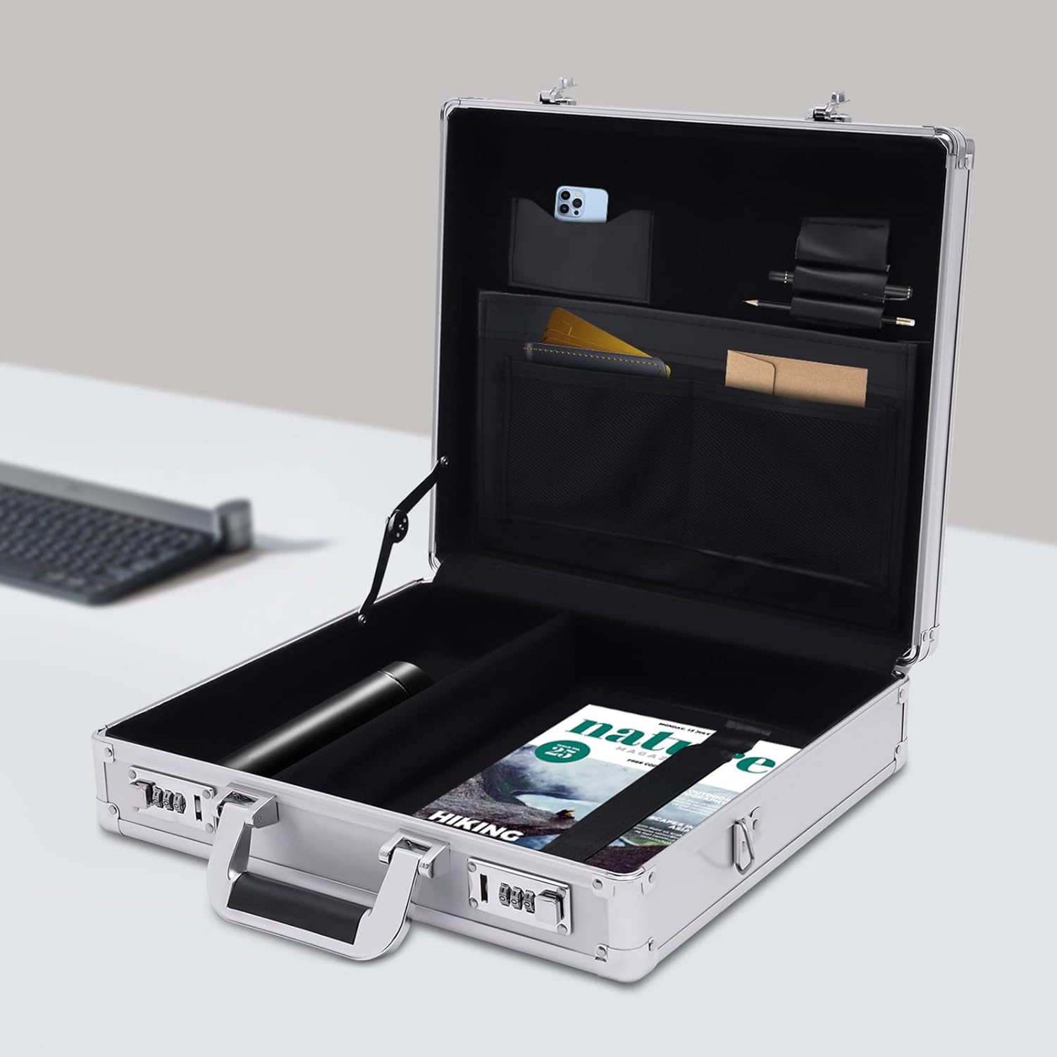 Aluminum Attache Case, 15 x 13 x 4.3 Inch Combination Lock Hard Laptop Case with Strap, Silver M22831