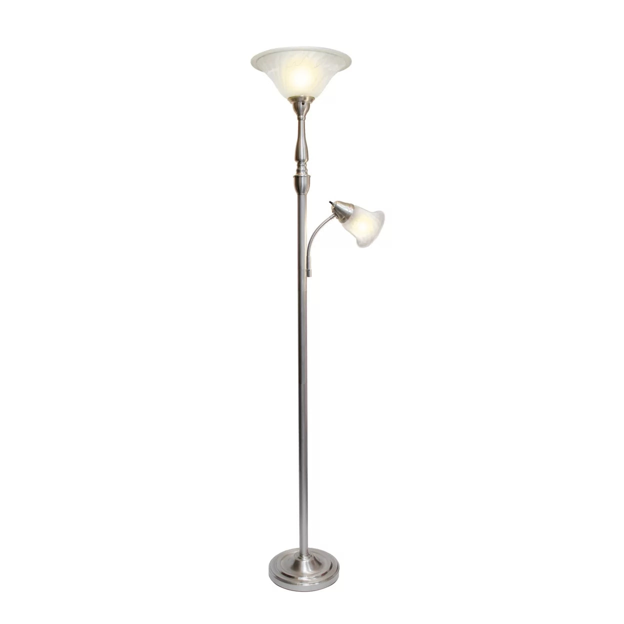 2 Light Torchiere Floor Lamp with White Marble Glass, Brushed Nickel G15322