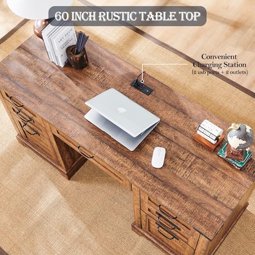 60" Farmhouse Desk with Drawers, Charging Station, Keyboard Tray, File Drawer, Storage Cabinet (Natural Oak) O70035
