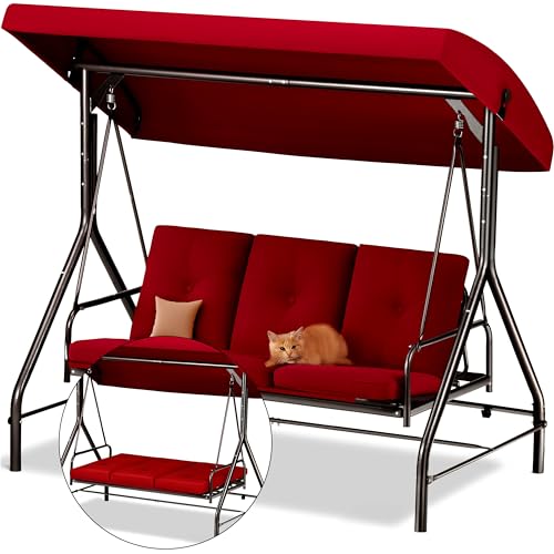 Burgundy 3-Seat Patio Outdoor Swing with Canopy Y992904