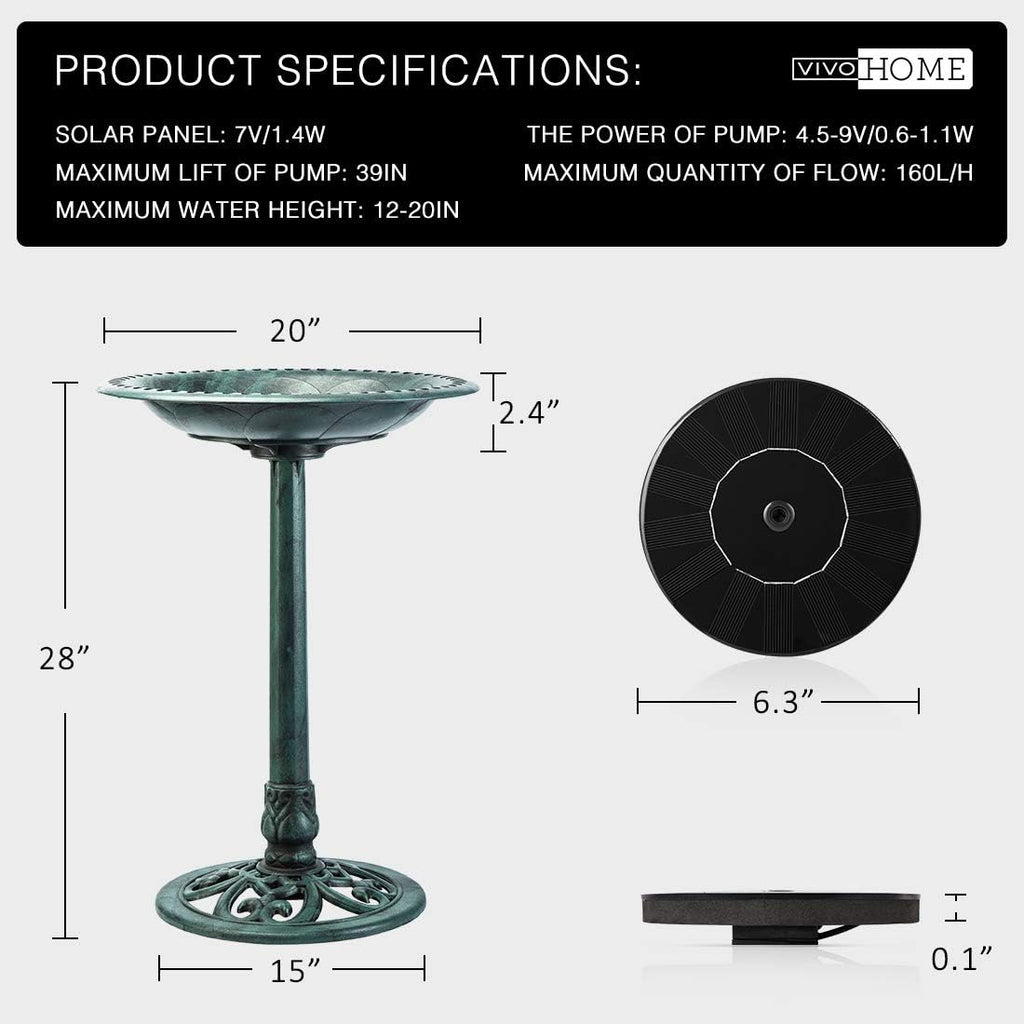 Green Garden Bird Bath and Solar Powered Round Pond Fountain with Wrought Iron Bird Cage with Rolling Stand I916931