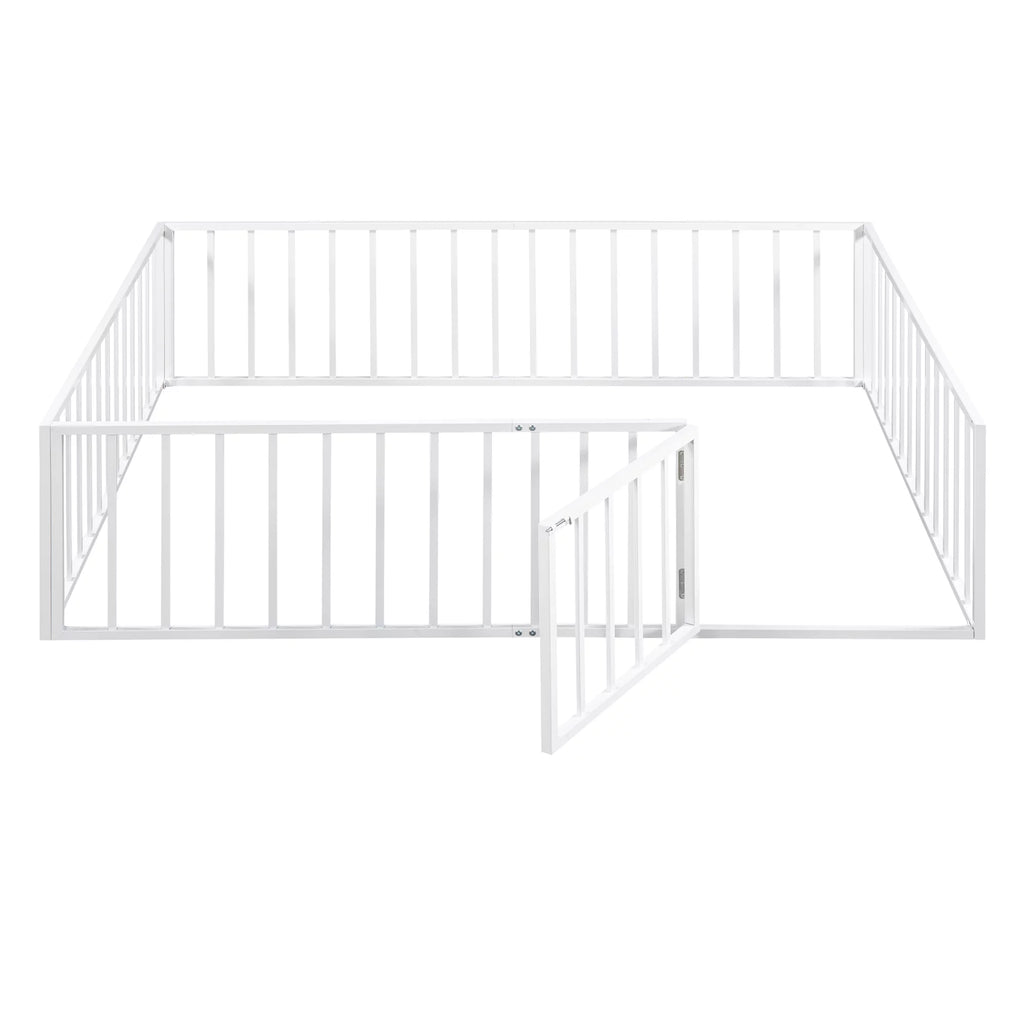 White Queen Metal Floor Bed with Fence Rails and Lockable Door G881553
