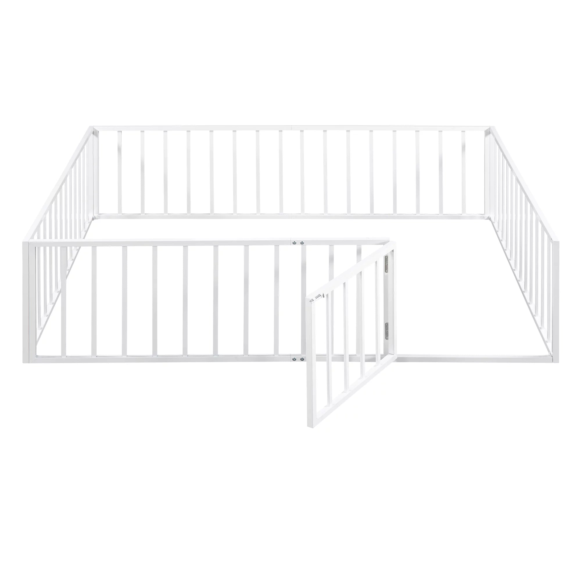 White Queen Metal Floor Bed with Fence Rails and Lockable Door G881553