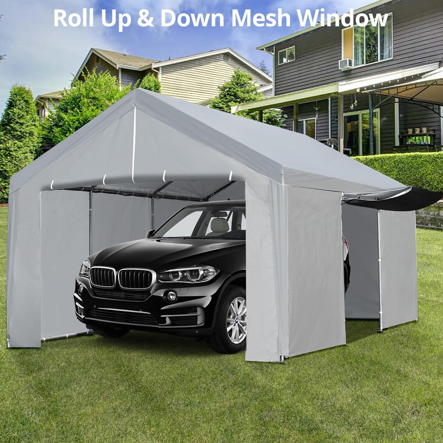 Grey Heavy Duty Metal Frame Carport 13×20 FT with Removable Sidewall & Door K9684
