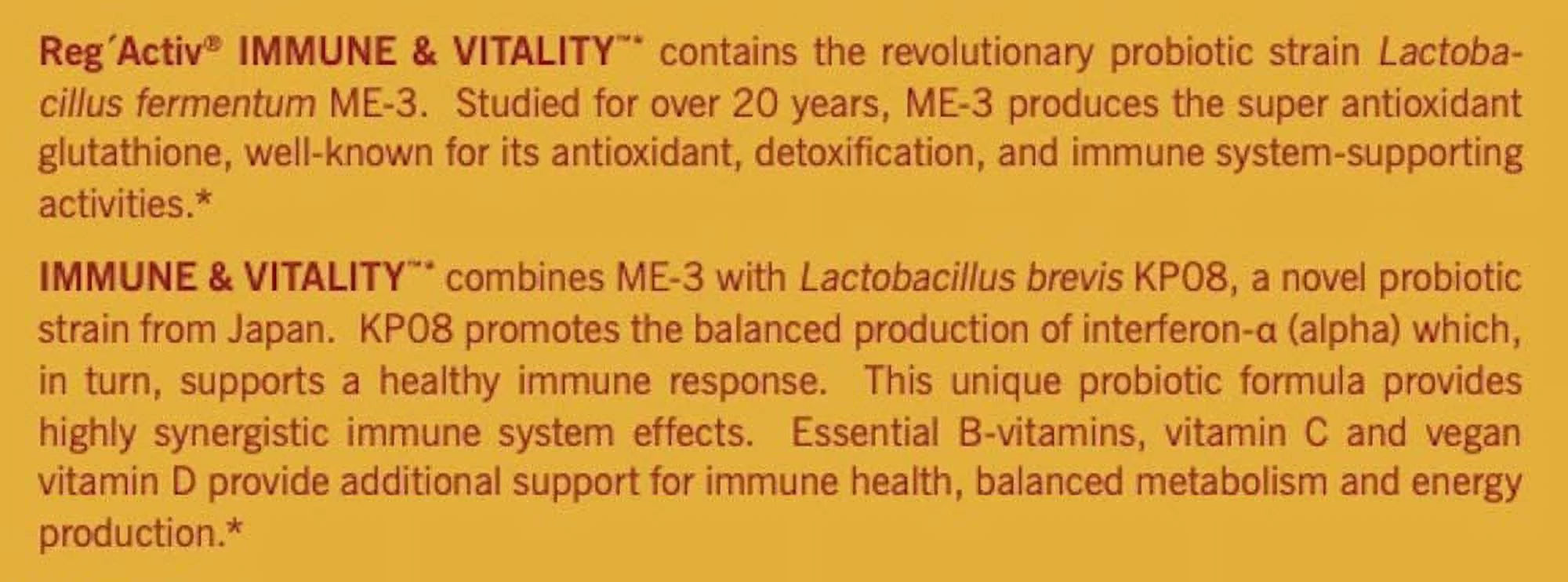 Reg'Activ Immune & Vitality with Lactobacillus fermentum ME-3, brevis KP08, Vegan Vitamin D3 and Vitamins C and B-Vitamins (B1, B2, B3 and B6) H8739