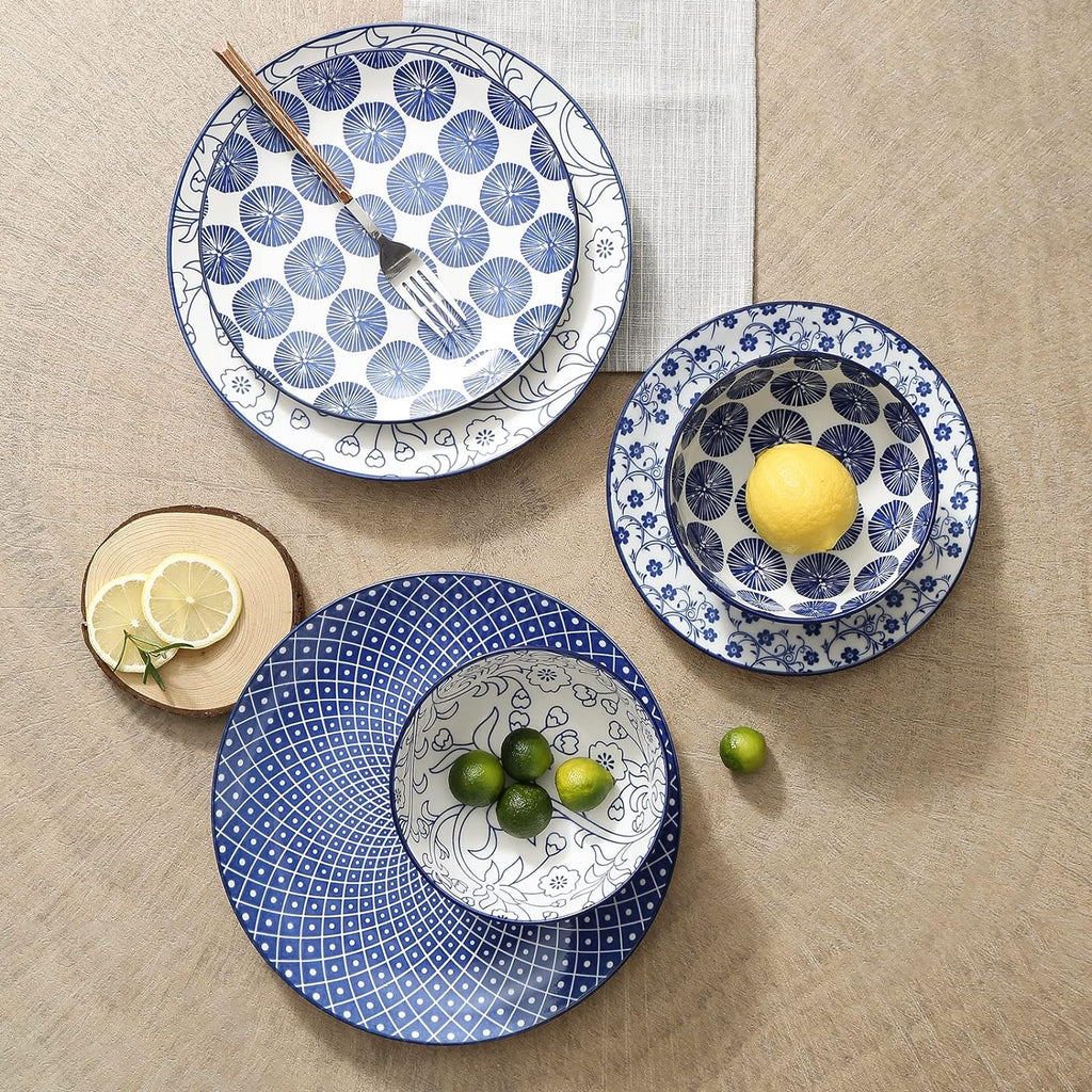 12 Piece Ceramic Dinnerware Set with 8 OZ Cappuccino Cup and Saucers, Vintage Blue E701610