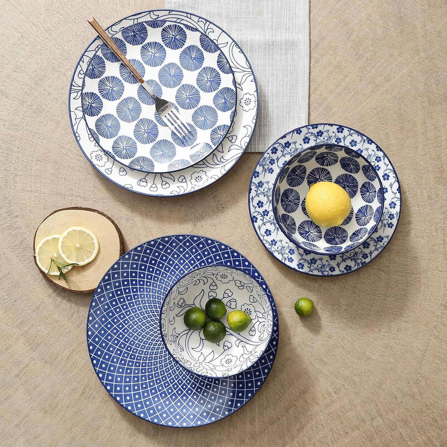 12 Piece Ceramic Dinnerware Set with 8 OZ Cappuccino Cup and Saucers, Vintage Blue E701610