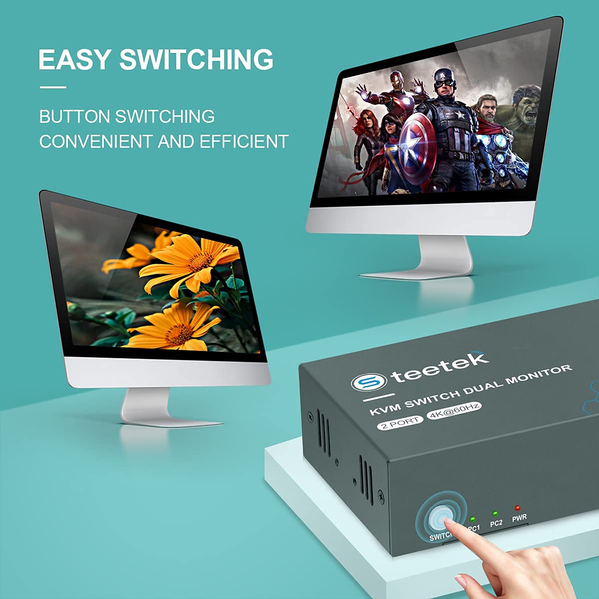 KVM Switch HDMI Dual Monitor, UHD4K@60Hz, 2 Computers Share 2 Monitors, 4 USB 2.0 ports, HDCP2.2 P910582