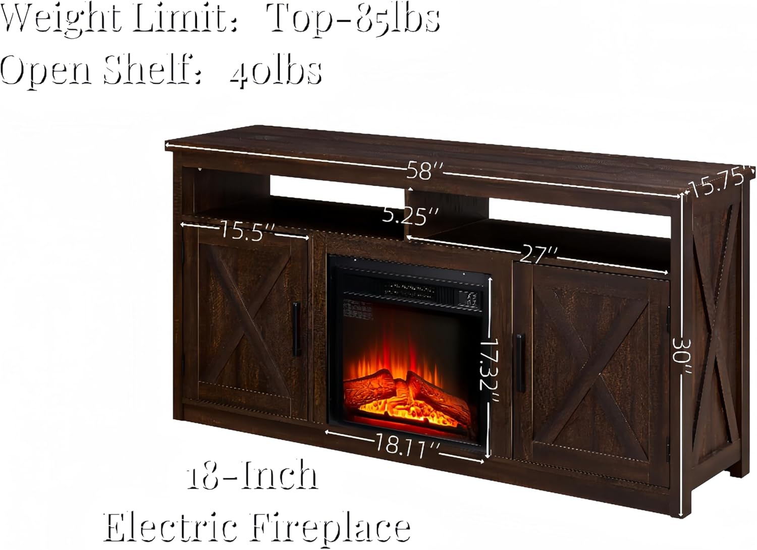 Farmhouse TV Media Stand with Fireplace Insert, Espresso I298258