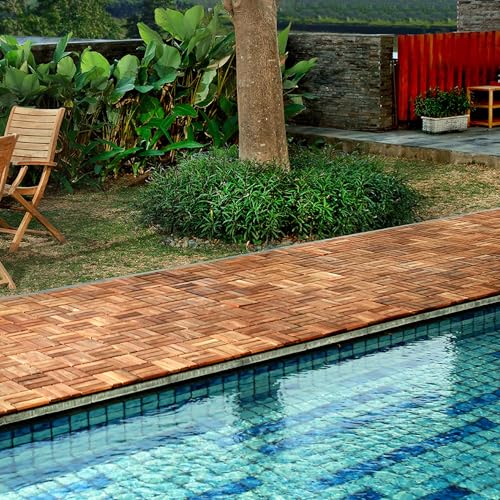 Teak Interlocking Tiles Wooden Floor Tile Set 10 Square Feet 12" x 12" 9 Slat Design Oiled Finish T619720
