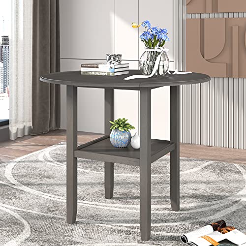 3 Piece Round Drop Leaf Counter Height Dining Table and Chairs Set with Storage Shelf T52721