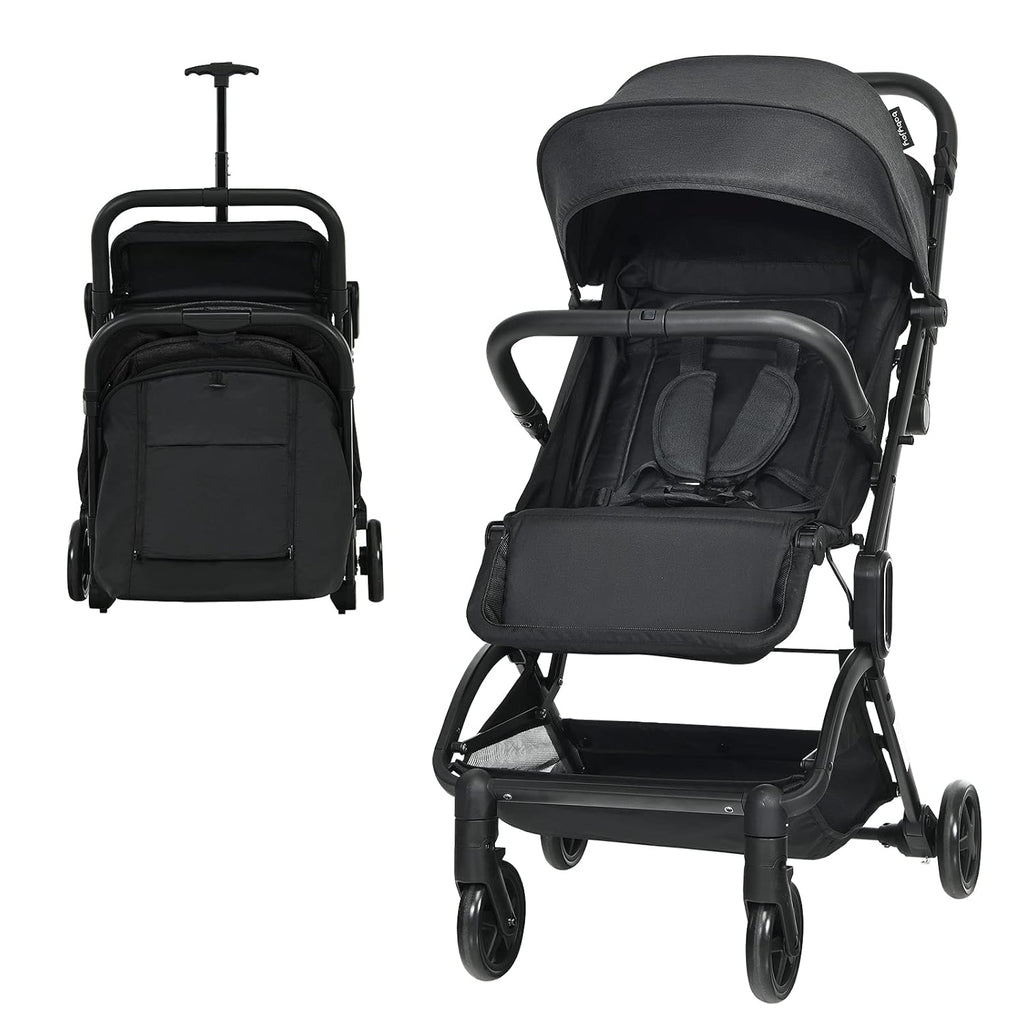 Lightweight Baby Stroller with One-Hand Fold, Adjustable Backrest, 5-Point Harness, Storage Basket (Black) Q6604