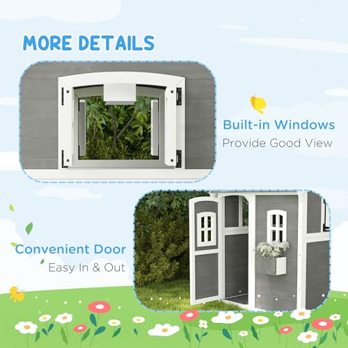 Gray Wooden Playhouse with Floor, Door, Windows & Planter Box F3061