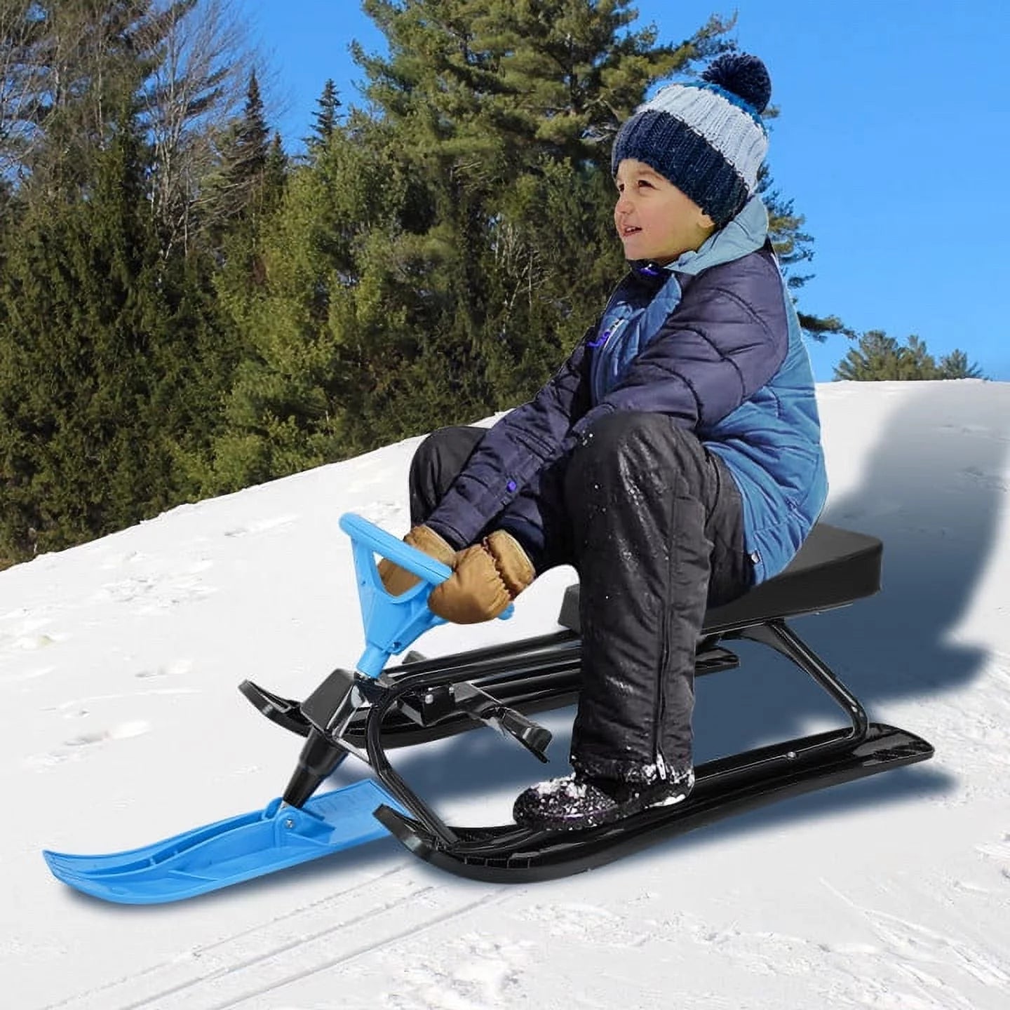 Blue Snow Racer Sled with Steering Wheel, Twin Brakes, Durable Steel Frame E51789